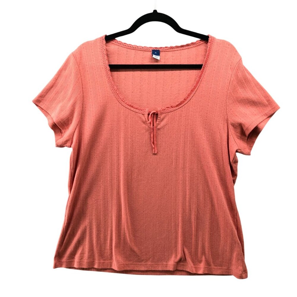 Old‎ Navy Scoop Neck T Shirt Womens XL Pink Tie Front Ribbed Lace Trim Lounge